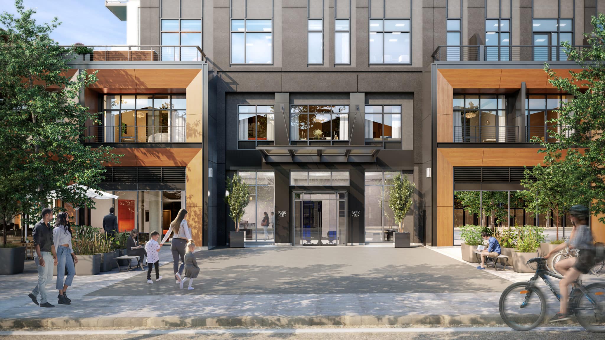 Modern residential building facade with wood panel accents and active street-level lifestyle scene