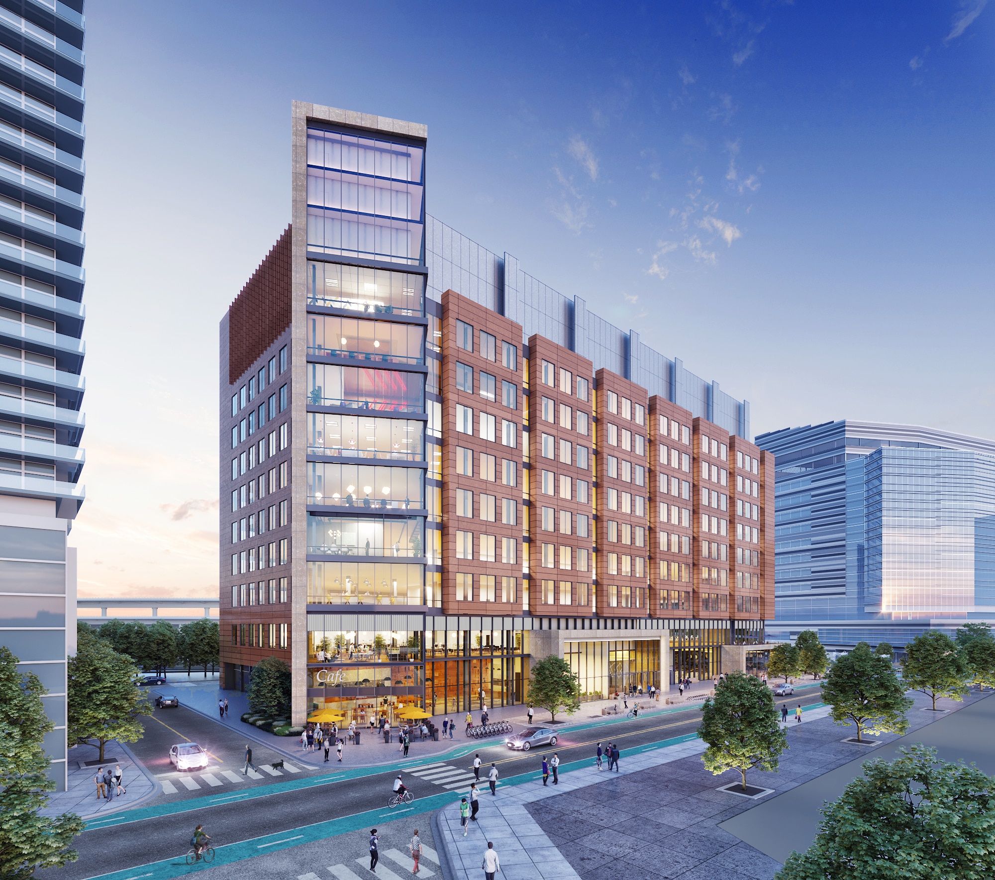 Rendering of office building with glass atrium corner overlooking public green space and walking paths