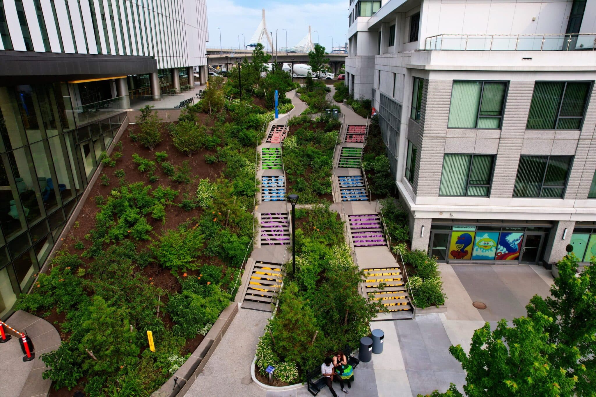 Painted outdoor staircase features DNA helix and heart symbol surrounded by green foliage