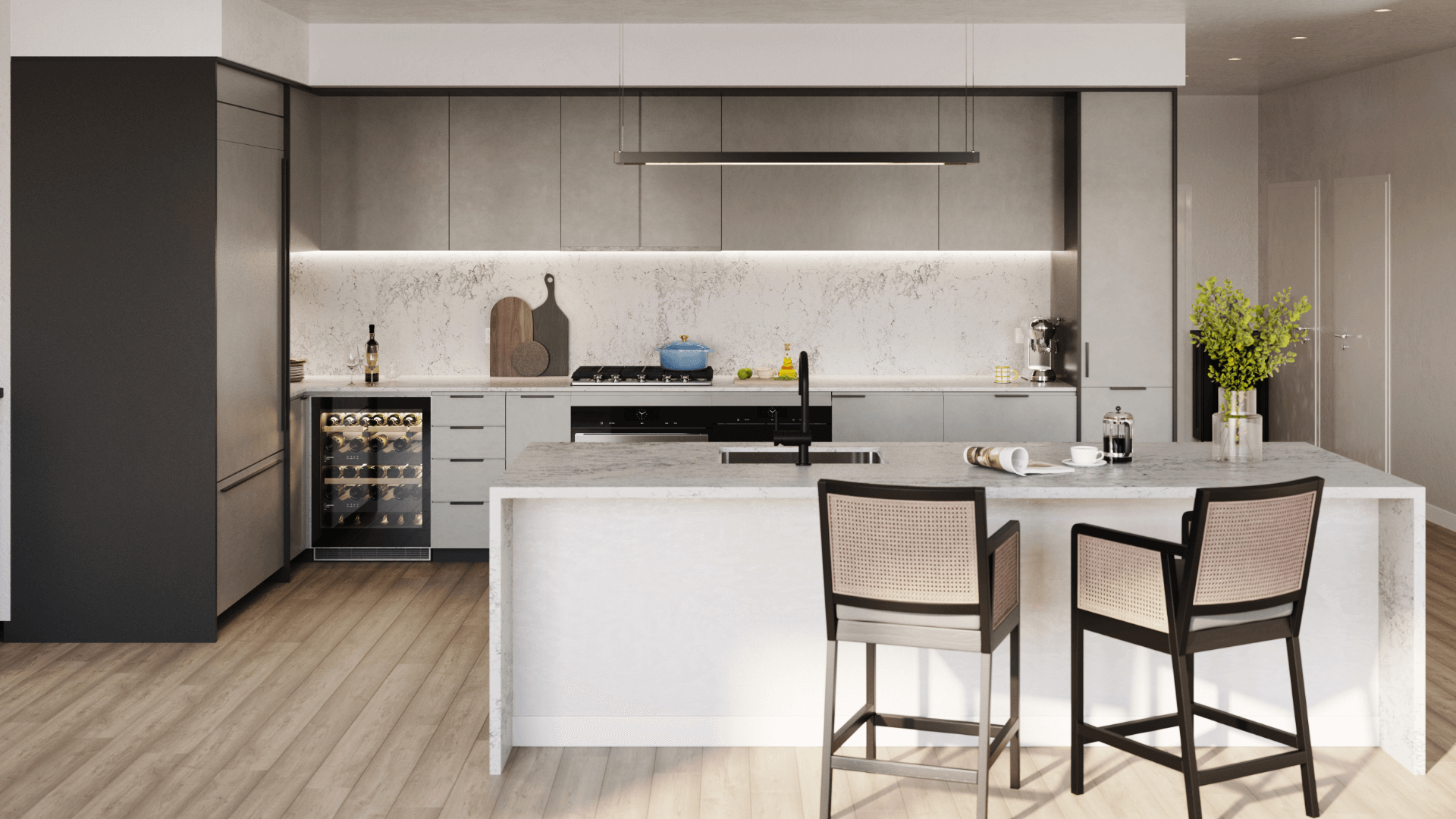 Luxury kitchen with marble island, wine fridge, and built-in cooktop in minimalist design