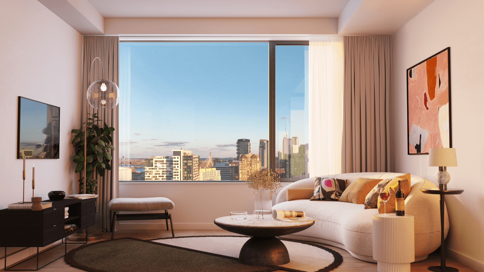 Stylish apartment living room with large city-view window, abstract art, and cozy furnishings