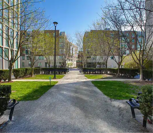 Symmetrical city courtyard pathway with benches, surrounded by apartments and trees