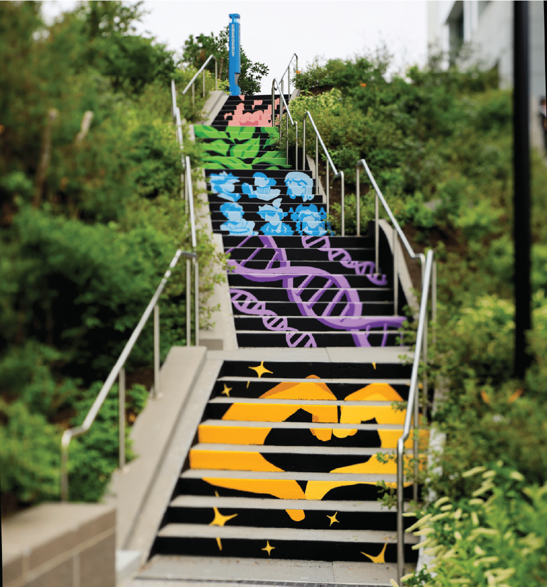 Outdoor staircase painted with DNA helix and nature-themed murals surrounded by green foliage