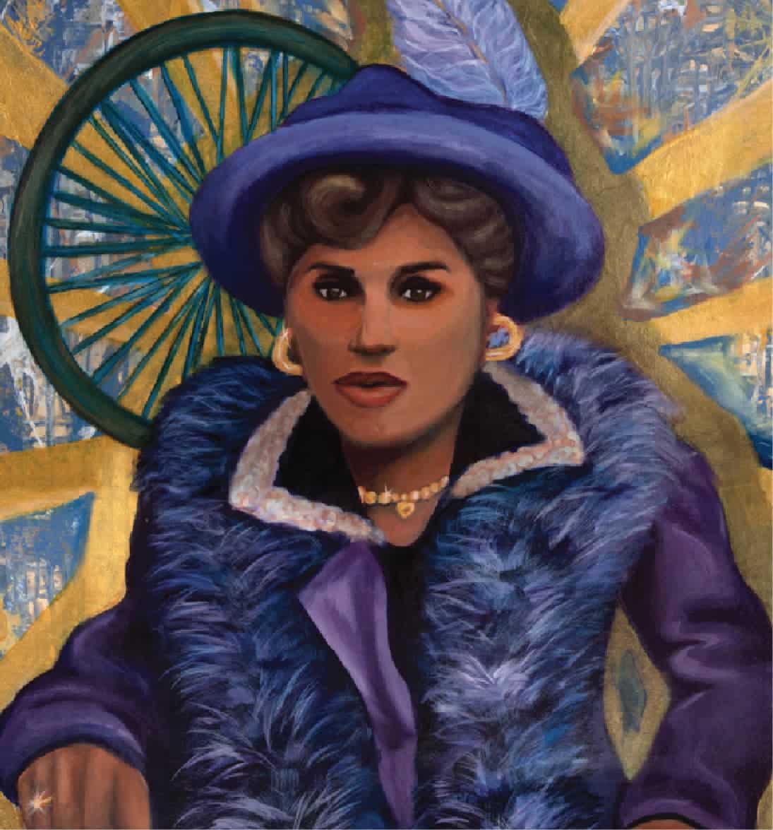 Painted portrait of woman in royal purple hat and coat with golden background patterns