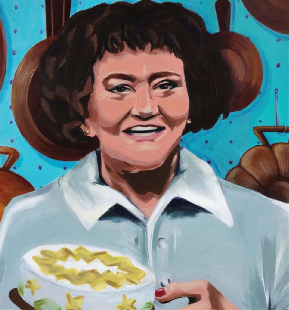 Painted portrait of cheerful woman holding decorated cake, with copper kitchen pans in background