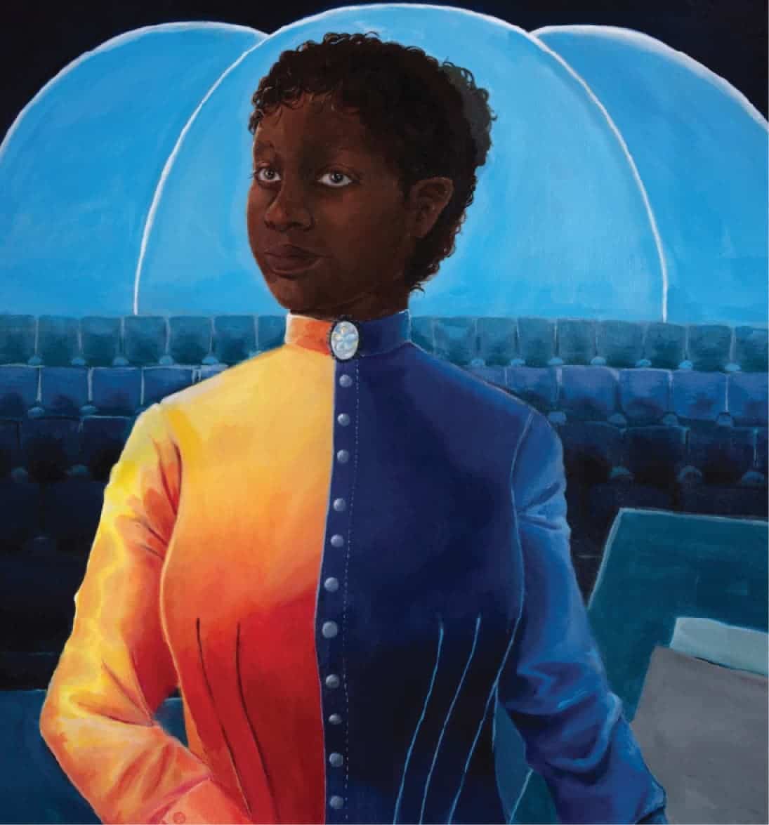 Painted portrait of confident Black woman in dual-colored jacket, standing before blue auditorium seats