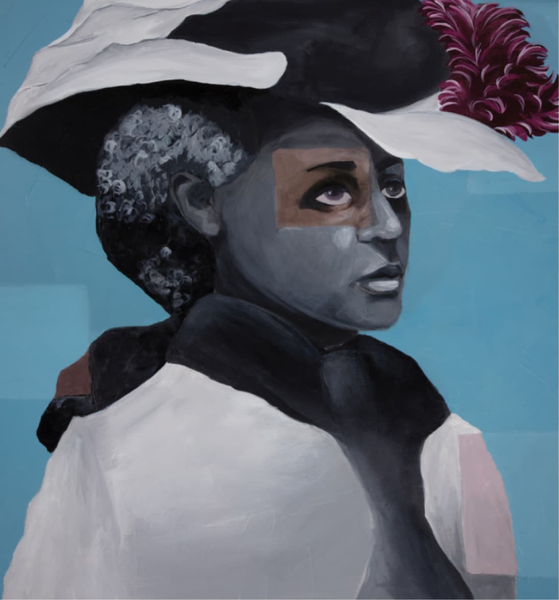 Striking artistic painting of Black woman in black-and-white outfit gazing upward in thoughtful expression