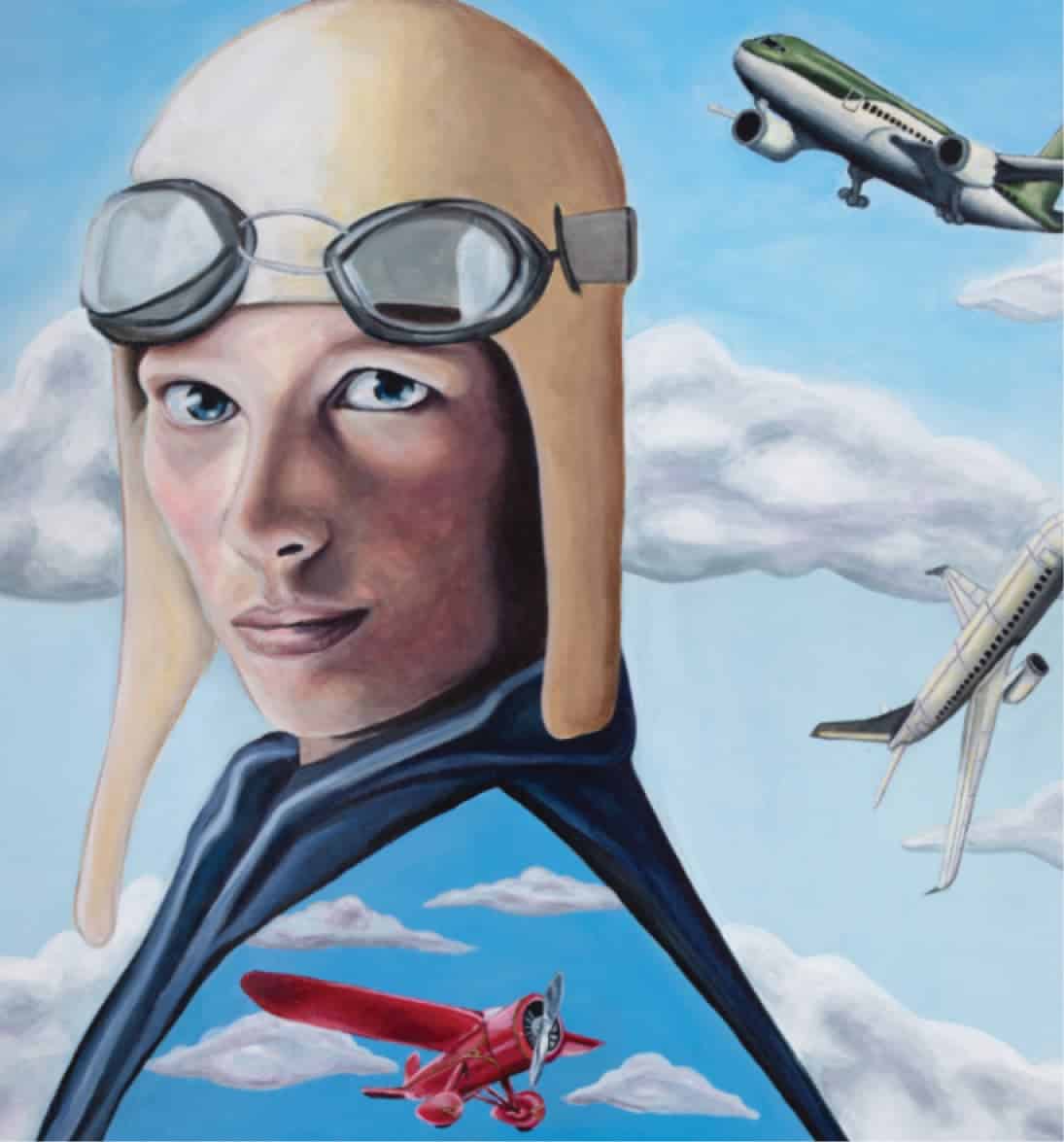 Artistic portrait of female aviator wearing goggles with vintage and modern airplanes around