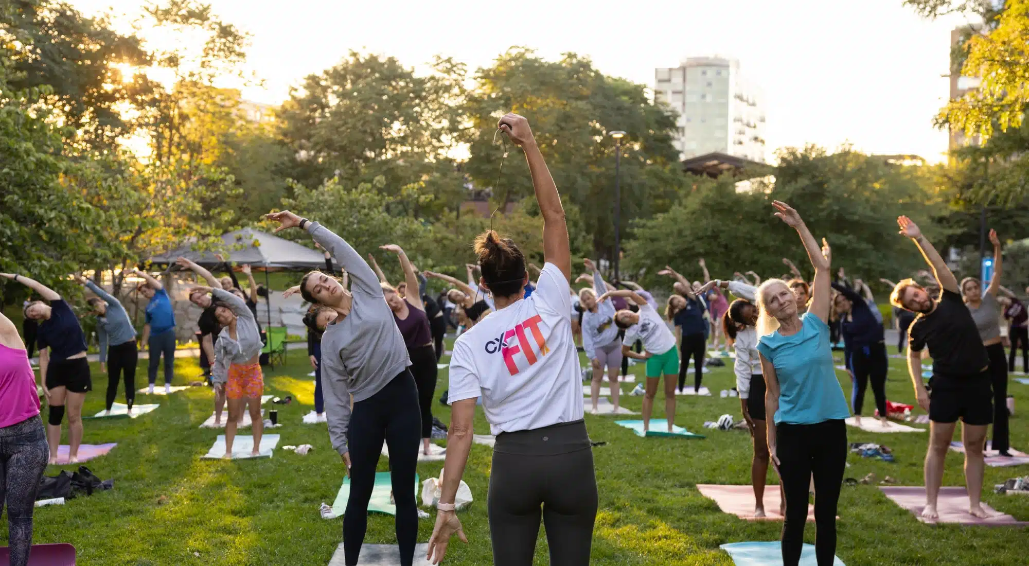 Community fitness class practicing side stretches on yoga mats in park under golden evening light