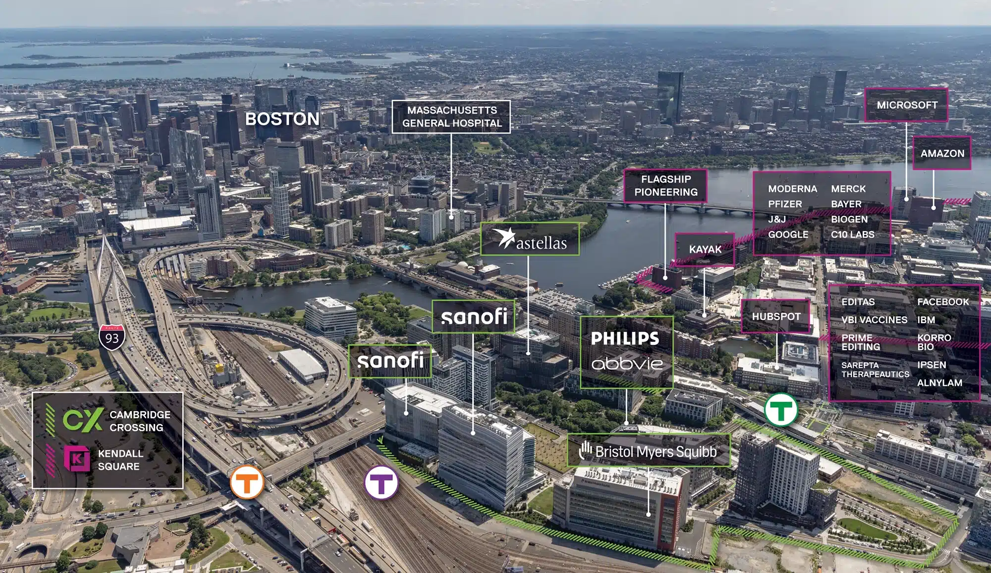 Annotated aerial image of Cambridge and Boston identifying biotech and tech companies by location